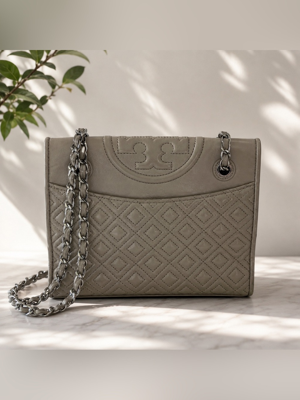 Tory Burch Fleming Convertible Shoulder Bag Taupe Gray Quilted Leather